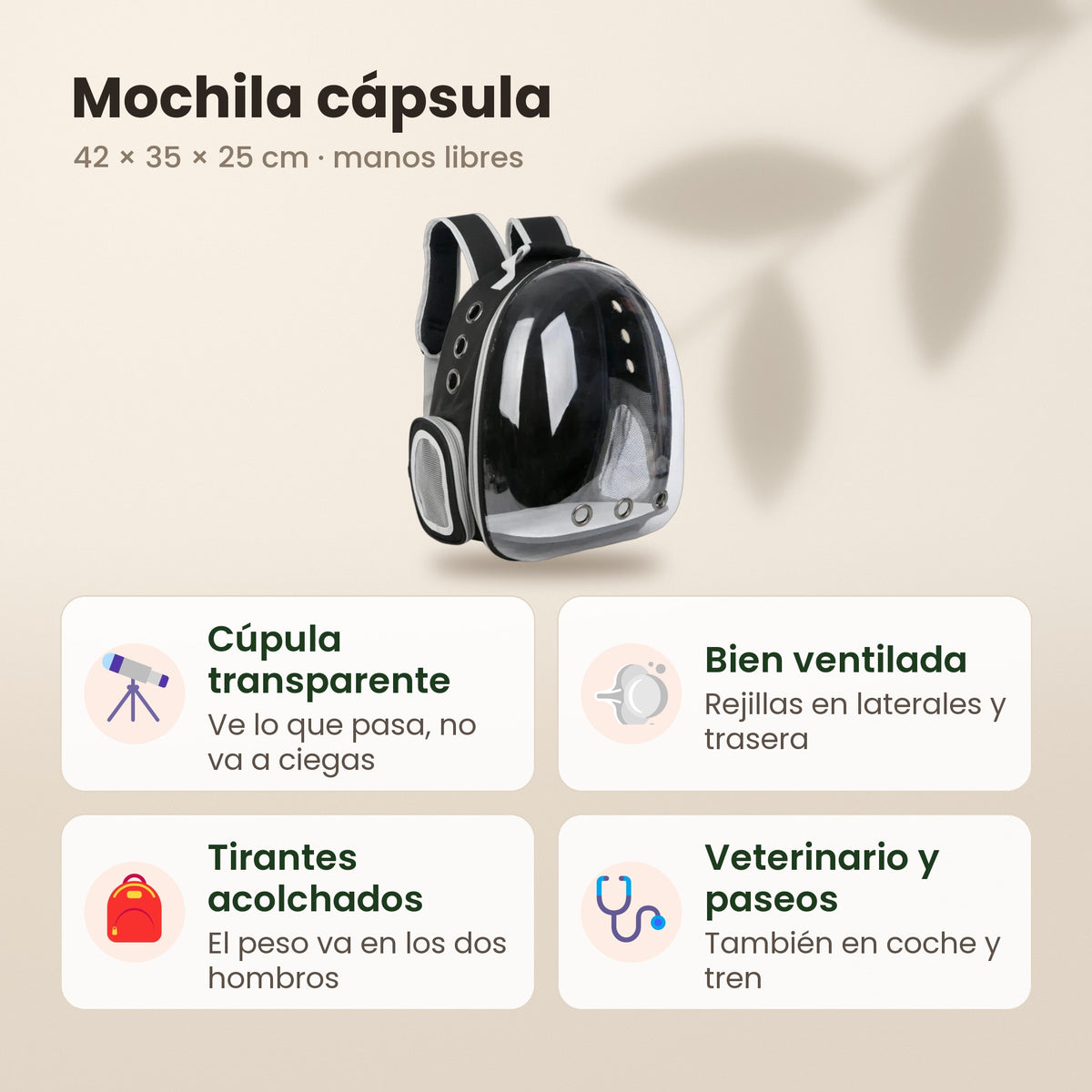 Mochila cápsula para gatos: cúpula transparente, bien ventilada, tirantes acolchados, 42 x 35 x 25 cm