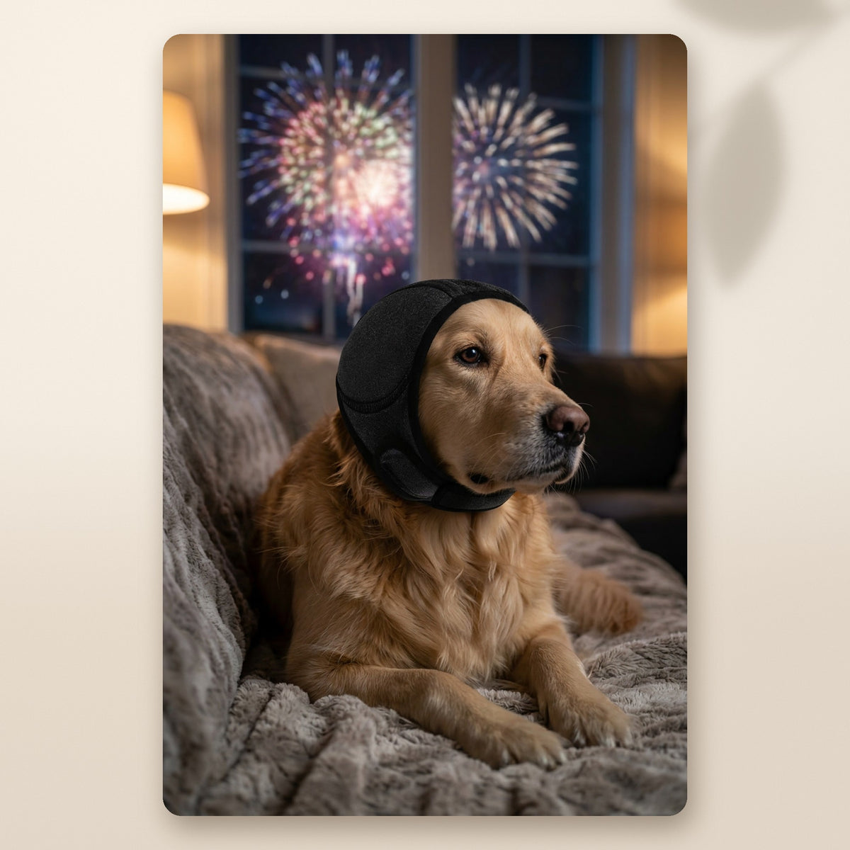 Golden retriever tranquilo en el sofá con las orejeras antirruido puestas mientras hay fuegos artificiales