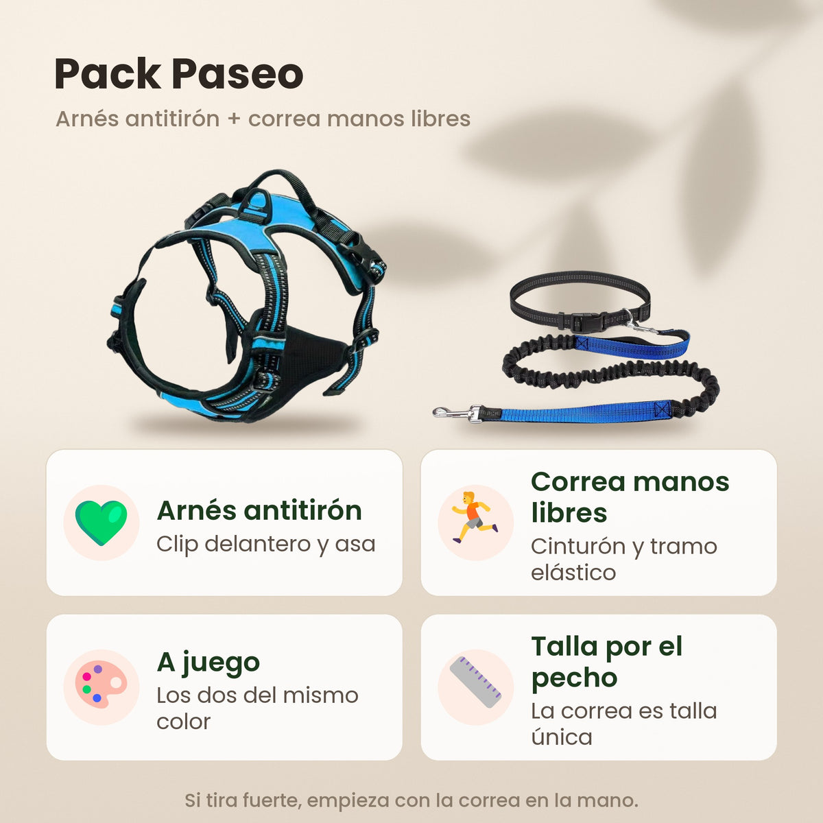Pack Paseo: arnés antitirón con clip delantero y asa, y correa manos libres con tramo elástico, los dos a juego