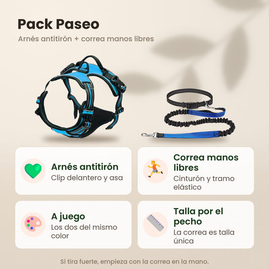 Pack Paseo: arnés antitirón con clip delantero y asa, y correa manos libres con tramo elástico, los dos a juego
