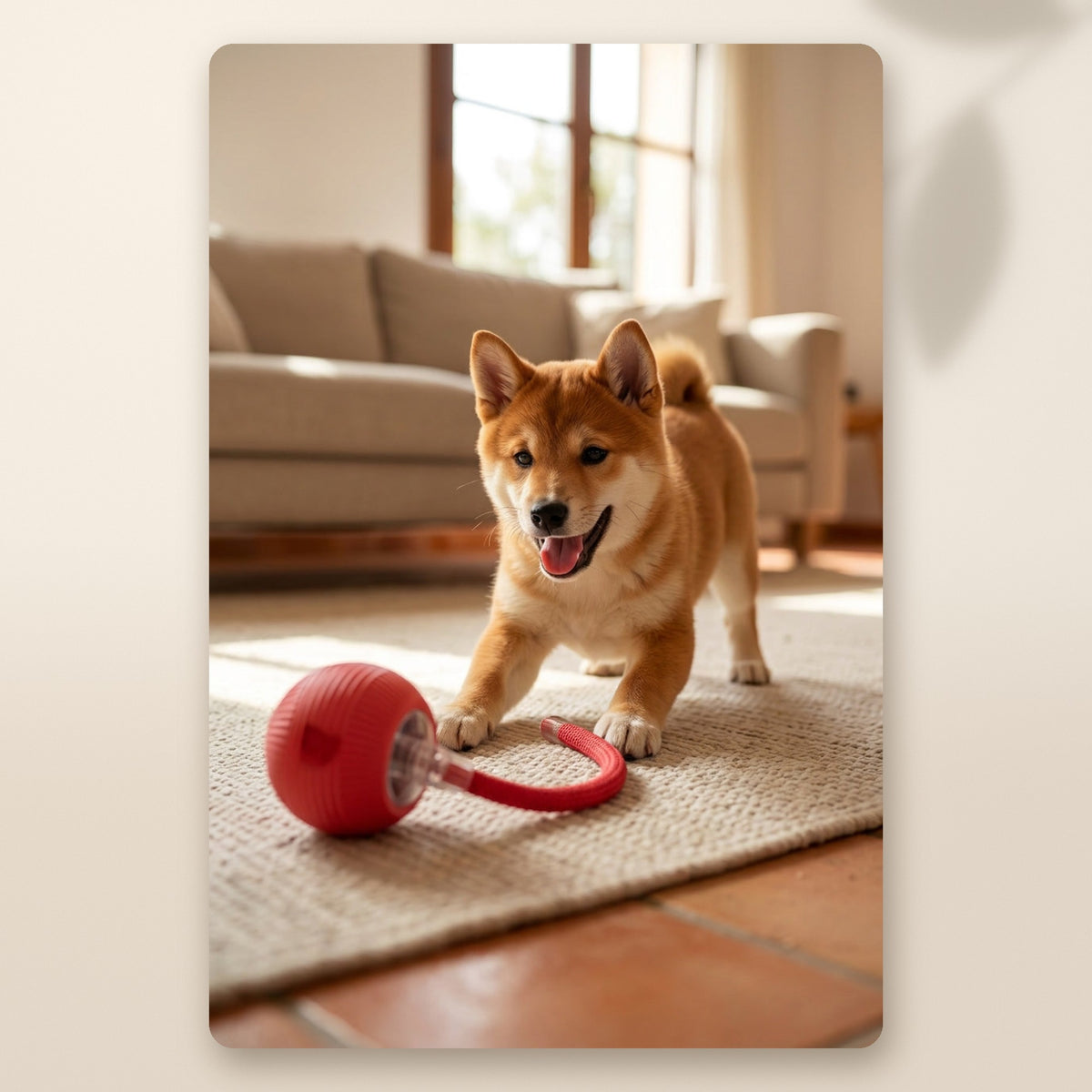 Cachorro de shiba jugando con la pelota interactiva AMIKART
