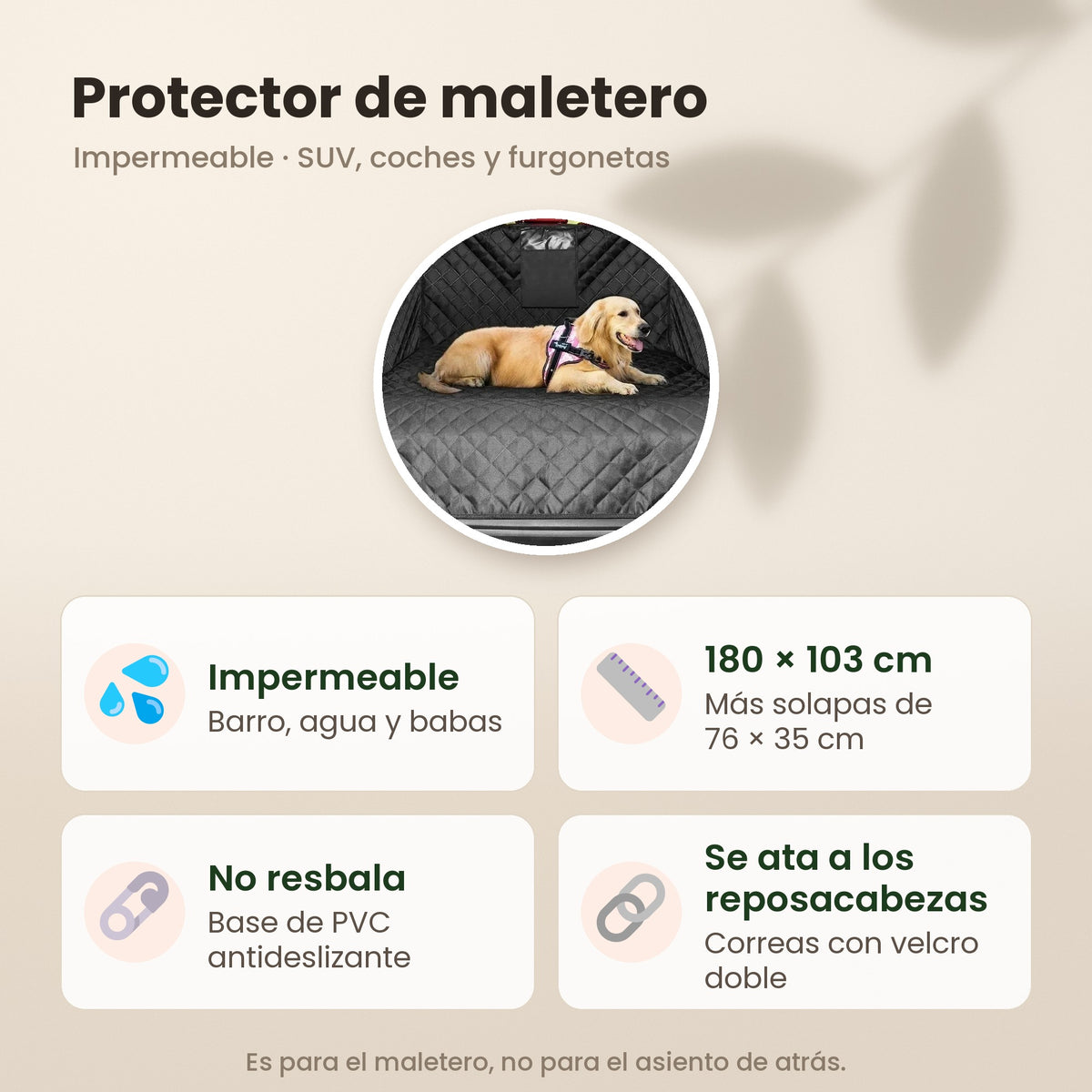 Protector de maletero: impermeable, 180 x 103 cm con solapas, base antideslizante y se ata a los reposacabezas