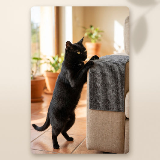 Gato negro arañando el protector rascador del sofá AMIKART