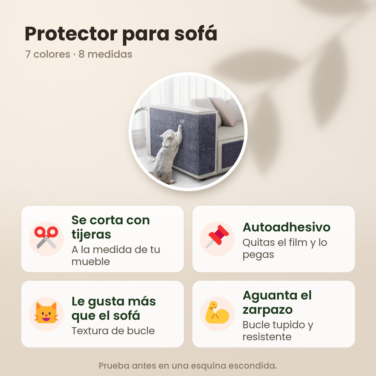 Protector para sofá: se corta con tijeras, autoadhesivo, textura de bucle que le gusta al gato y aguanta el zarpazo
