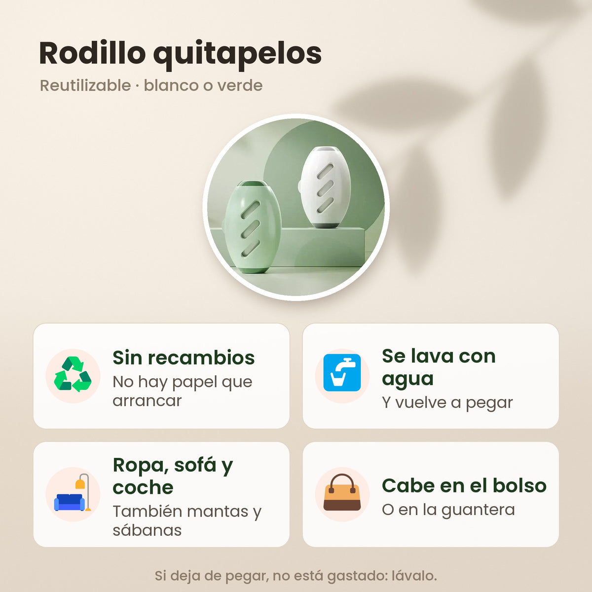 Rodillo quitapelos reutilizable: sin recambios, se lava con agua, para ropa, sofá y coche, y cabe en el bolso