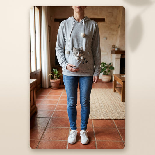 Mujer de pie en casa con la sudadera gris claro y el gato asomando por el bolsillo canguro del pecho