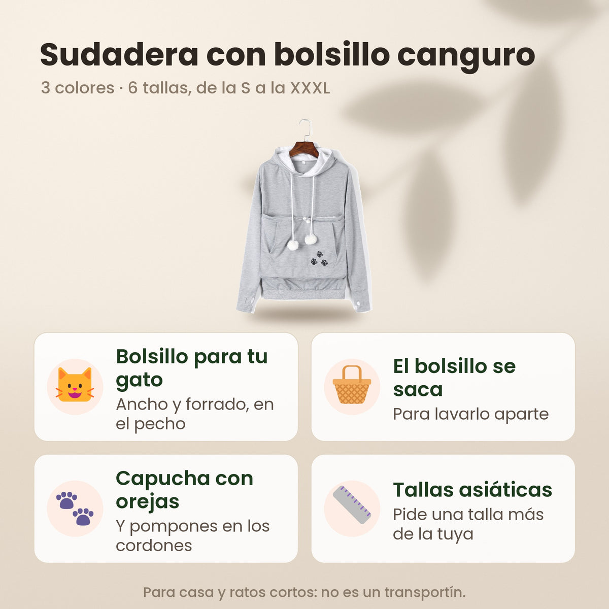 Sudadera con bolsillo canguro: 3 colores, 6 tallas de la S a la XXXL, bolsillo extraíble y tallas asiáticas