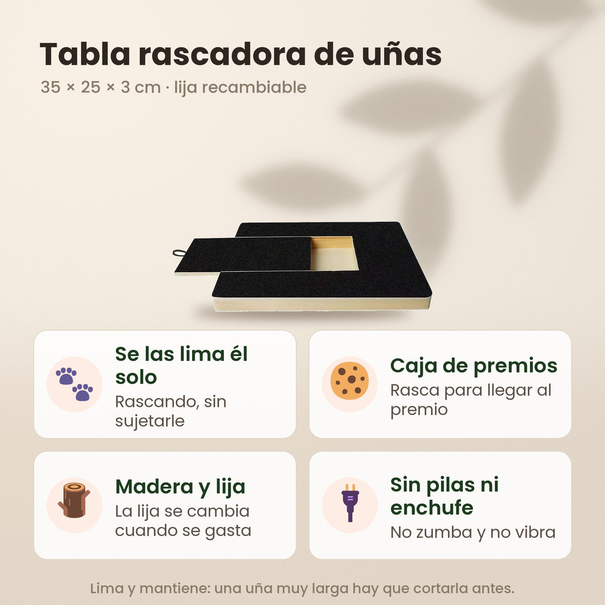Tabla rascadora de uñas de 35 x 25 x 3 cm: se las lima él solo, caja de premios, lija recambiable y sin pilas