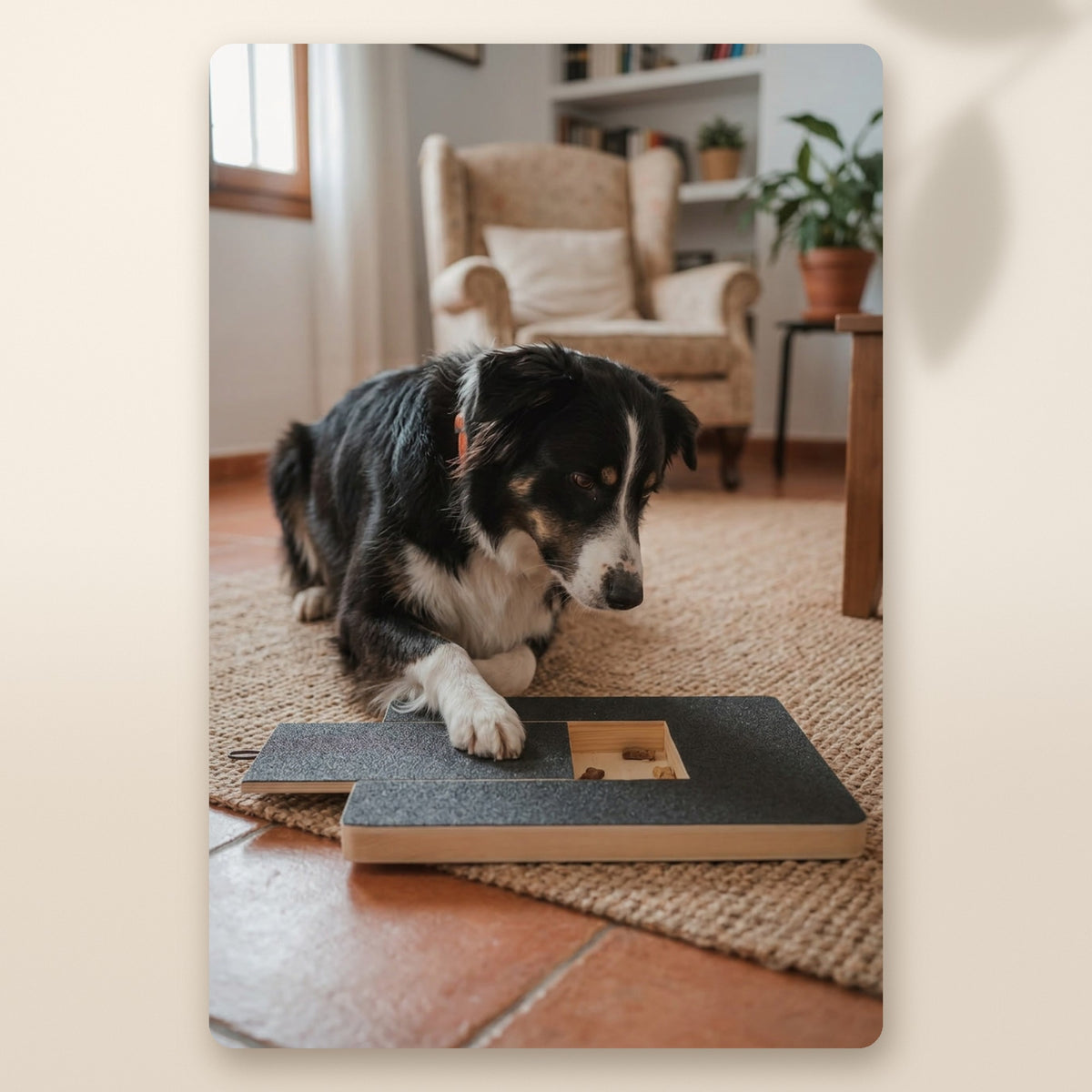 Perro tumbado con la pata sobre la tabla rascadora, con los premios dentro del hueco y la lija a la vista