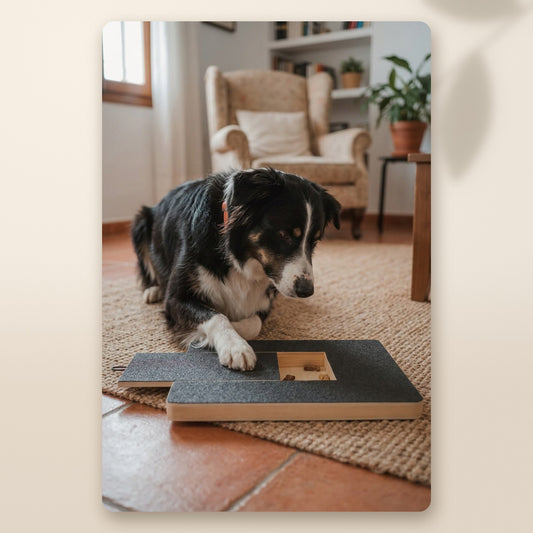 Perro tumbado con la pata sobre la tabla rascadora, con los premios dentro del hueco y la lija a la vista