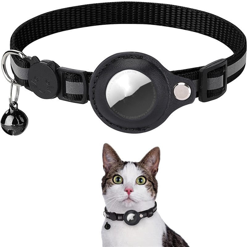 Collar negro para gatos con soporte AirTag integrado y banda reflectante