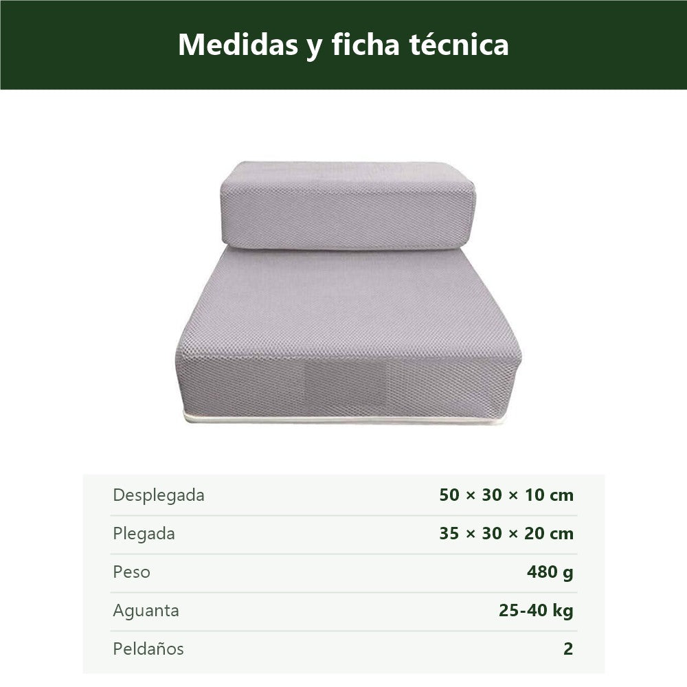 Medidas de la escalera de espuma gris: desplegada 50 x 30 x 10 cm, plegada 35 x 30 x 20 cm, 480 g, aguanta 25-40 kg