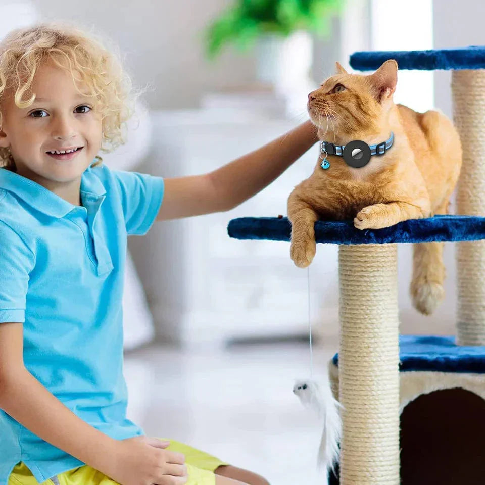Niño acariciando a un gato que lleva puesto el collar con AirTag