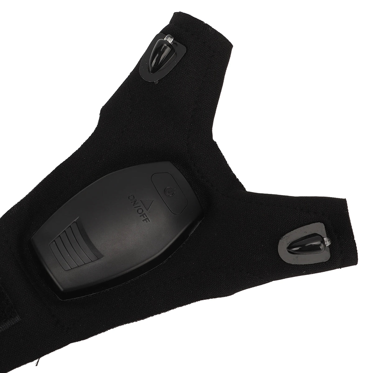 Detalle del guante LED recargable: módulo con botón de encendido en el dorso y luz en la punta del dedo