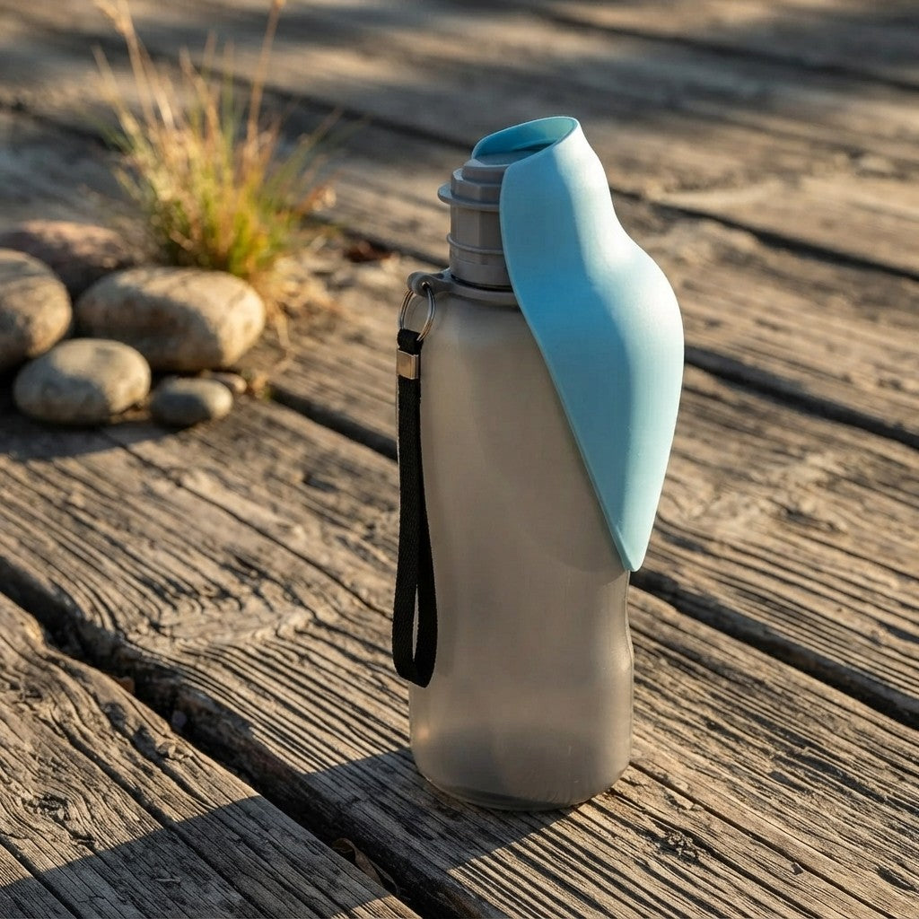 Botella de agua portátil azul apoyada en un tronco, en el campo
