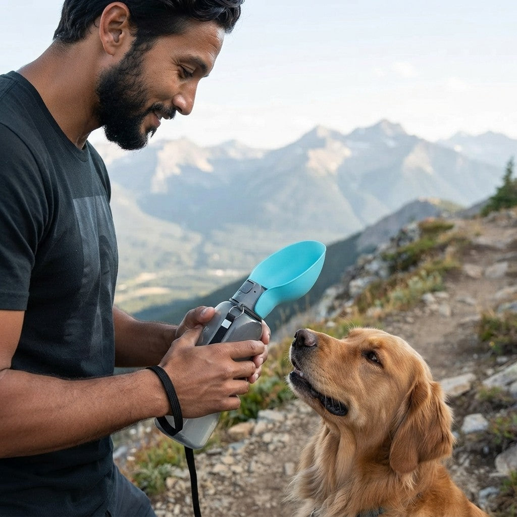 Hombre dando de beber a un golden retriever con la botella portátil, en la montaña