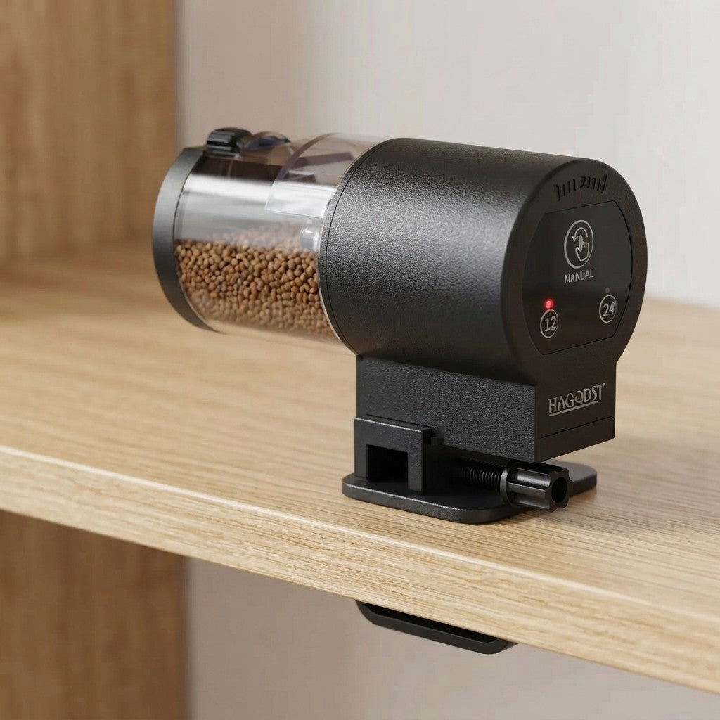 Comedero automático sujeto al canto de una mesa de madera