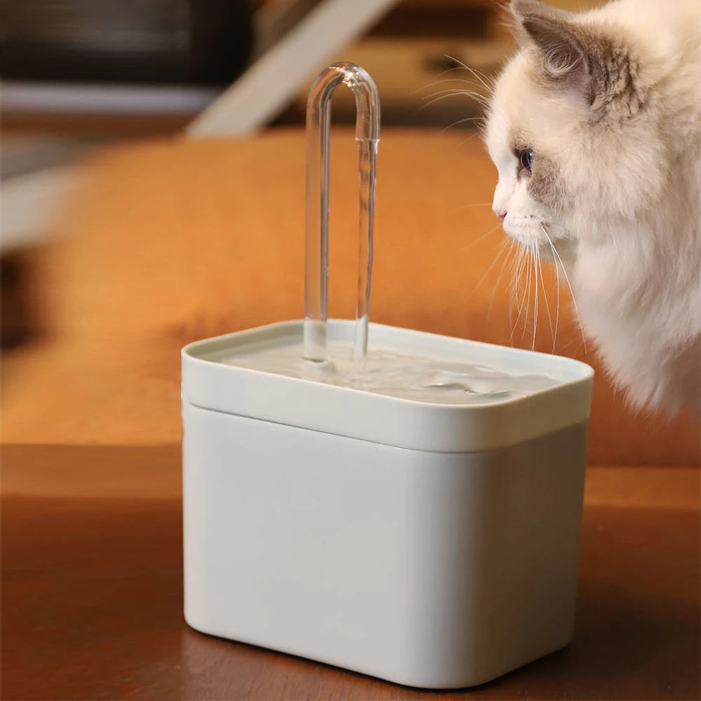 Fuente de agua AMIKART 1,5 L blanca con un gato bebiendo