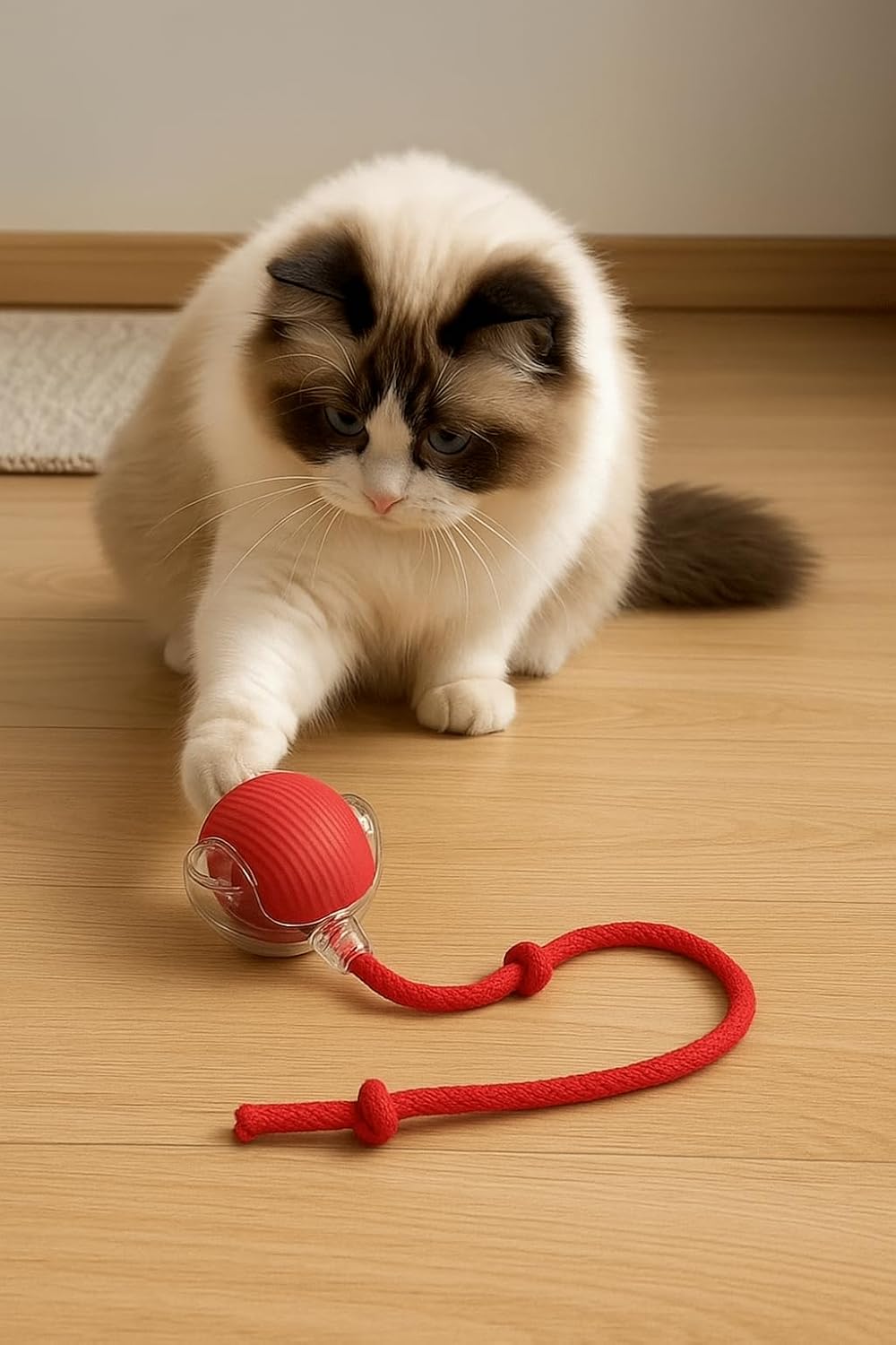 Gato jugando con la pelota automática roja con cola en el salón