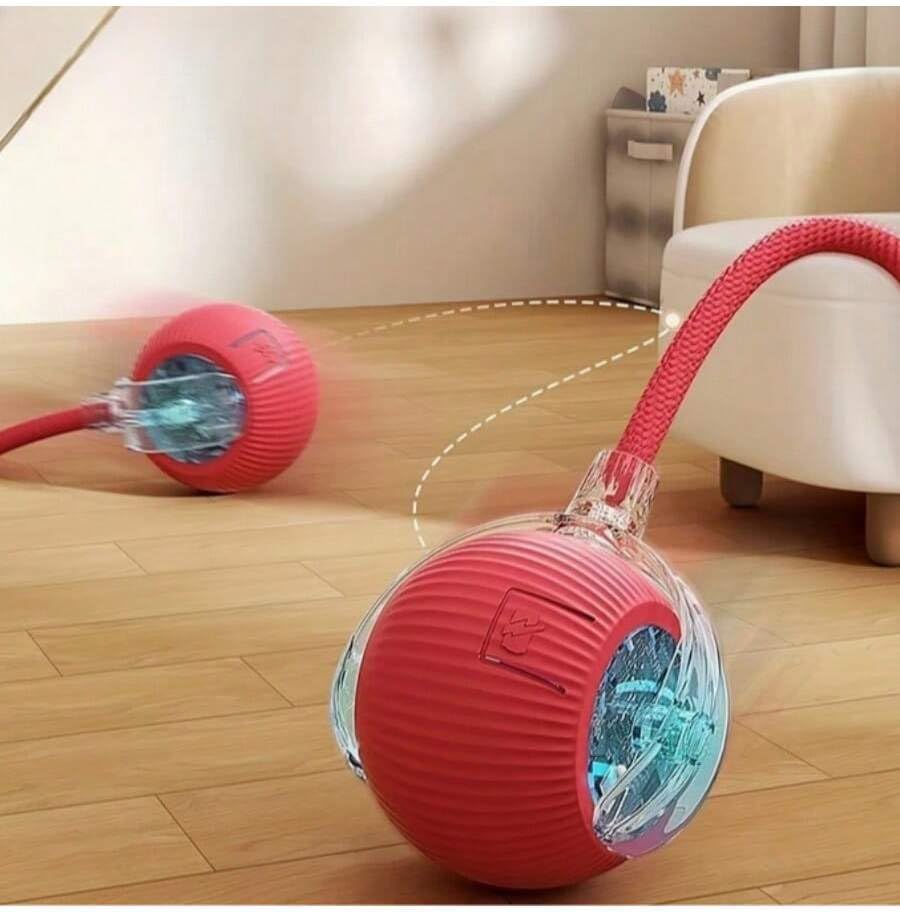 Pelota automática roja moviéndose sola por el suelo del salón
