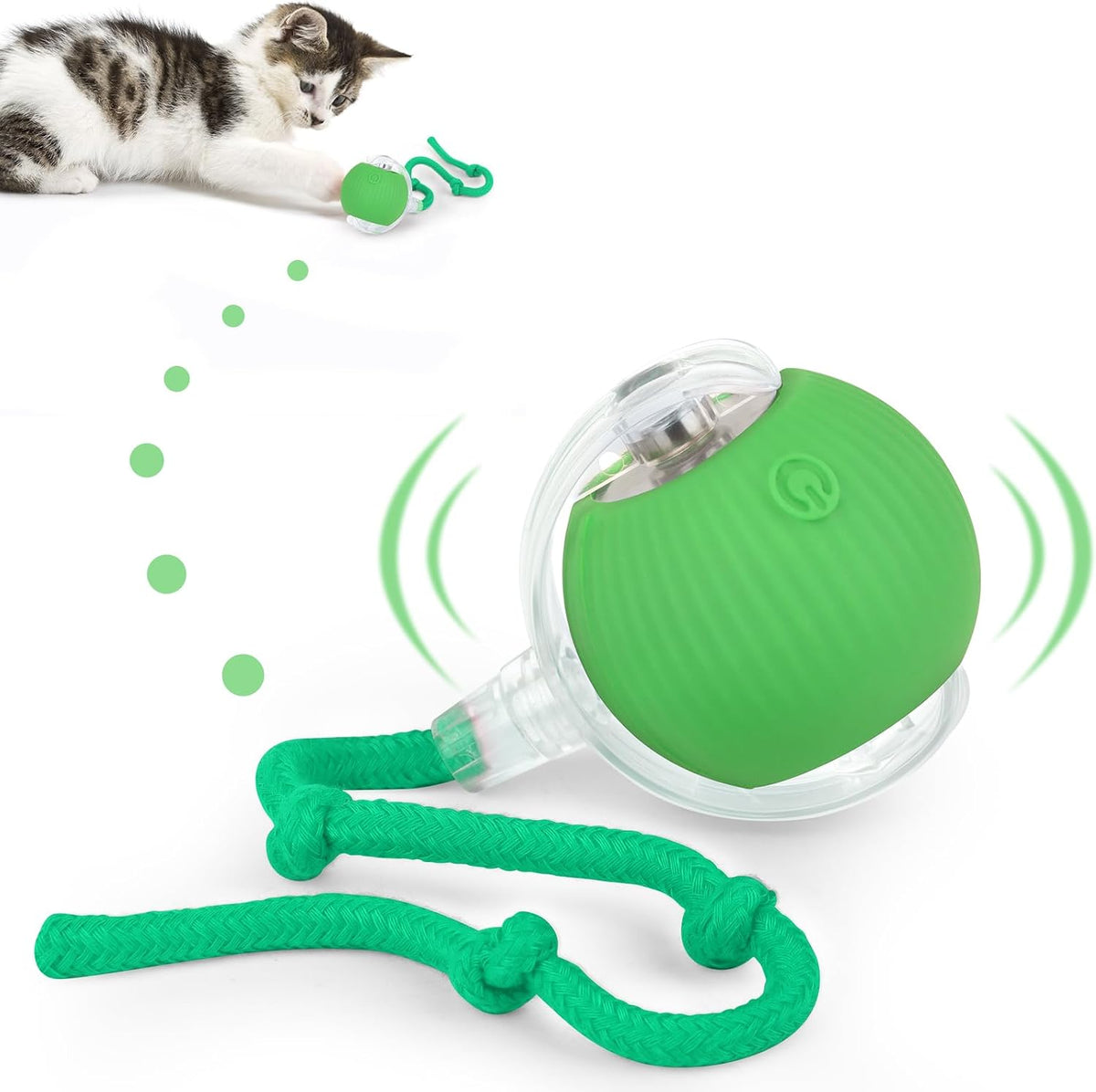 Pelota automática verde con cola y un gato detrás