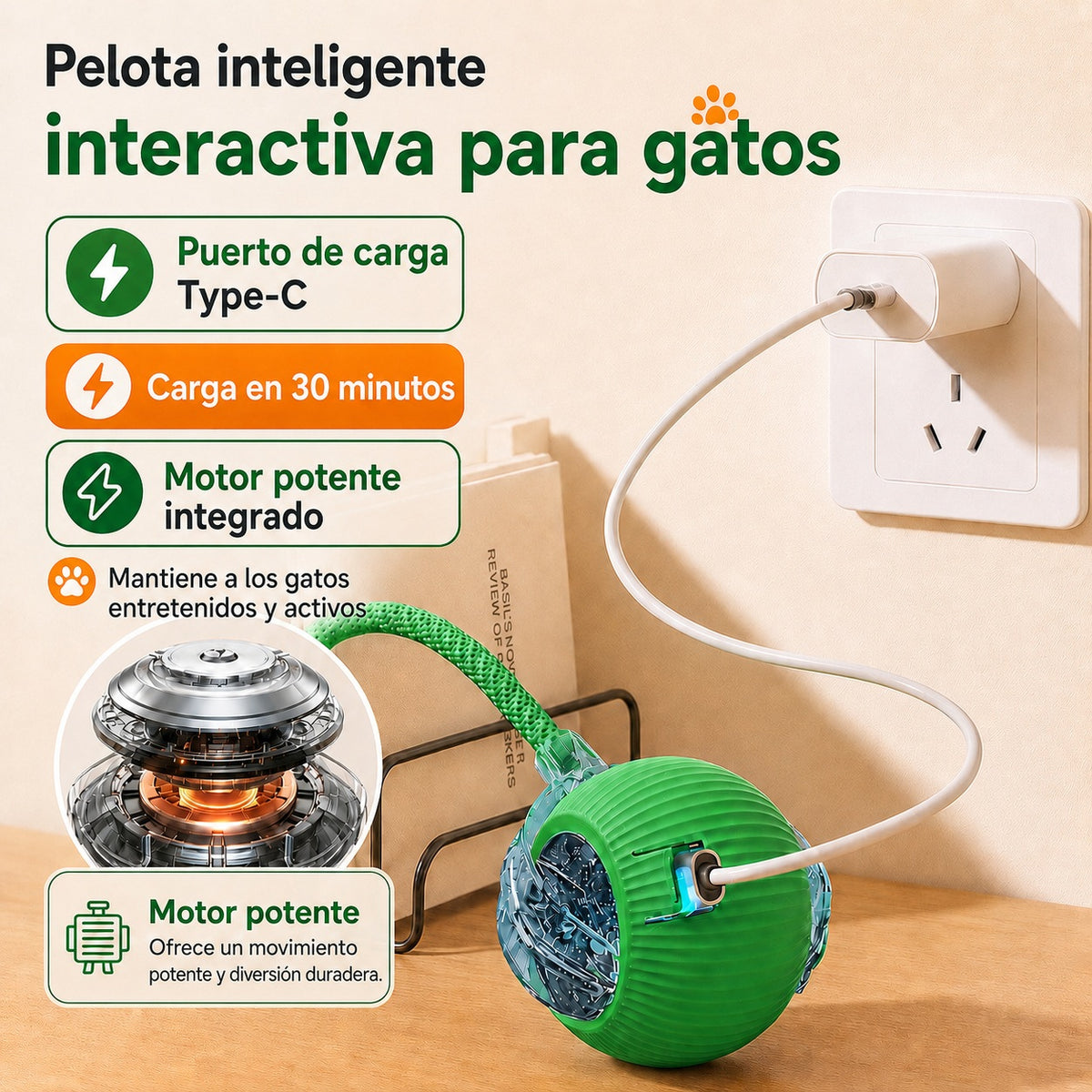 Pelota automática cargándose por USB tipo C