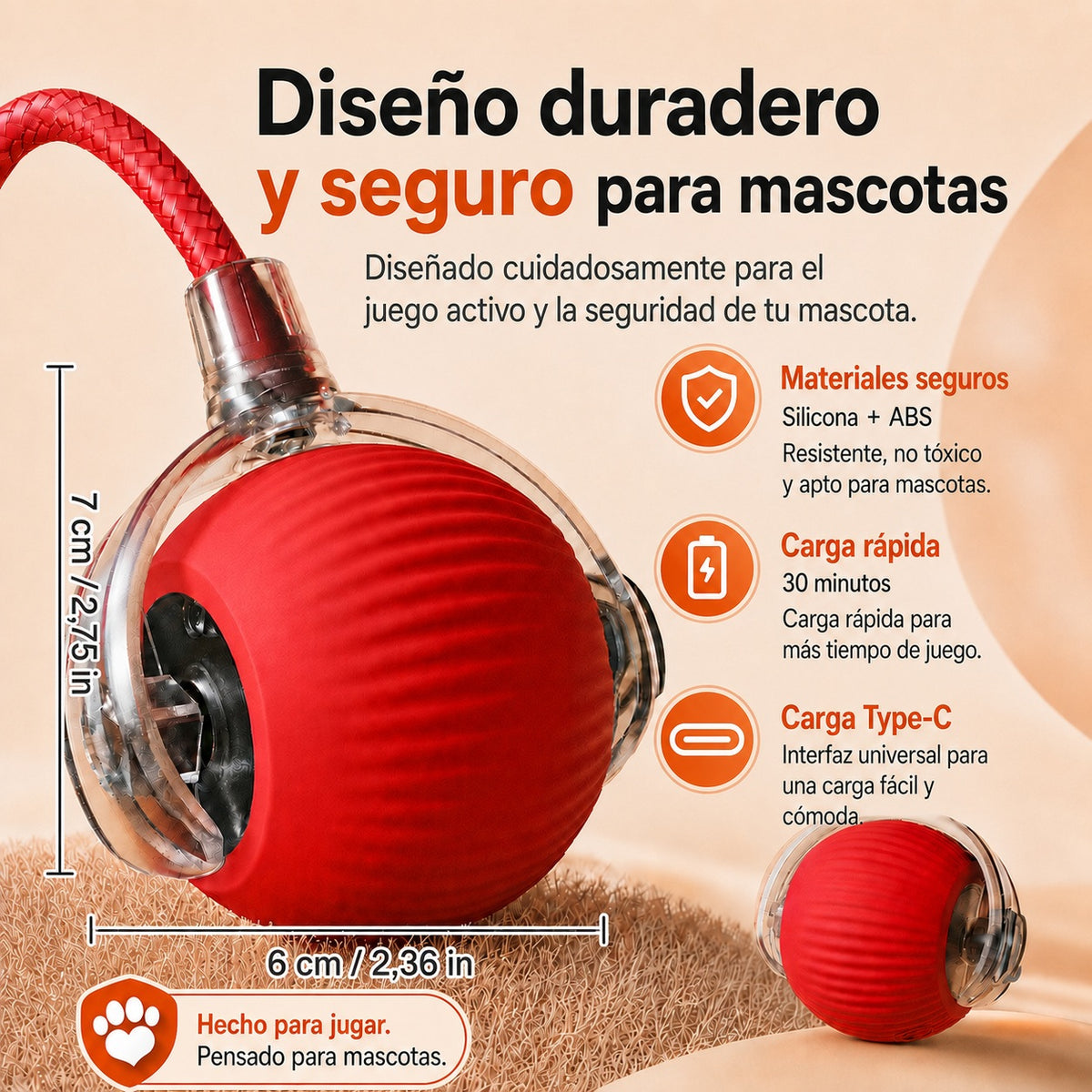 Materiales y medidas de la pelota: silicona y ABS, unos 7 x 6 cm