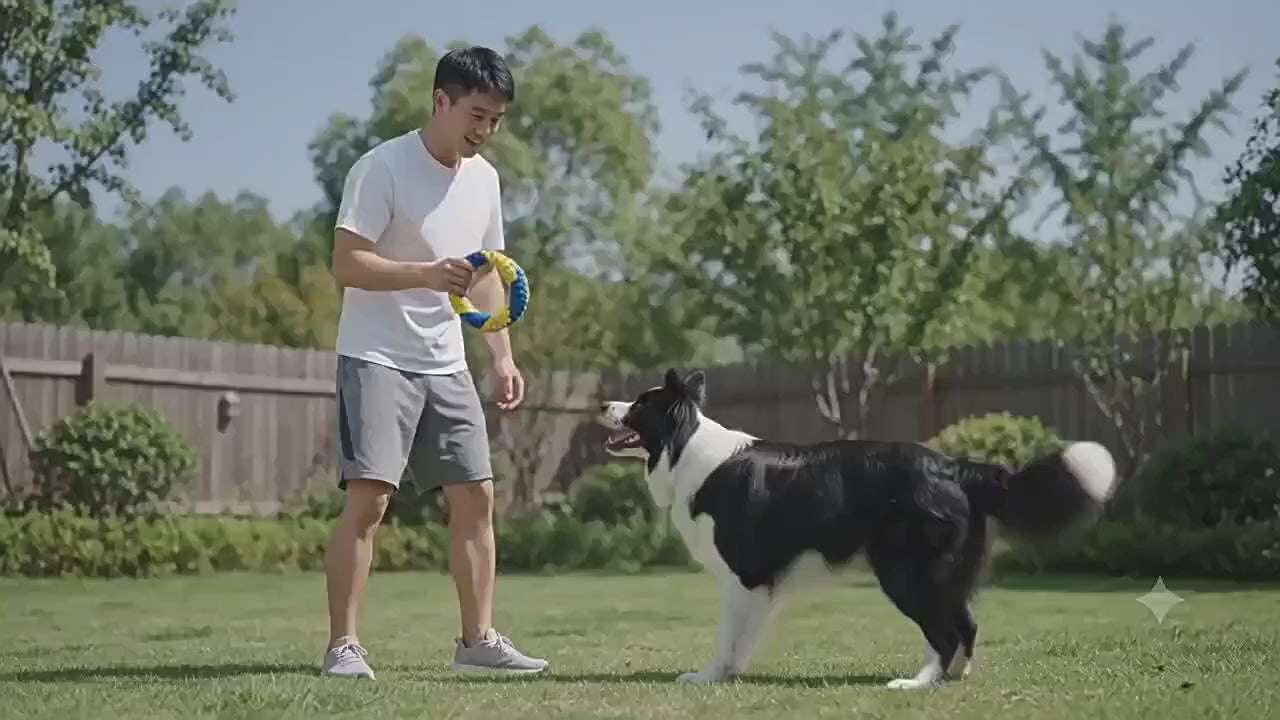 Vídeo de un border collie jugando a tirar del aro limpia dientes trenzado