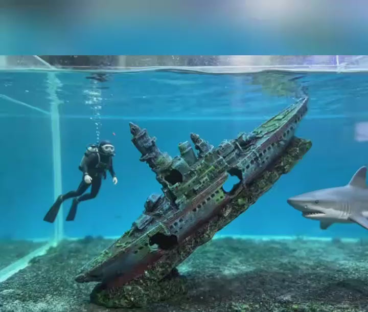 Barco hundido decorativo con burbujas dentro del acuario